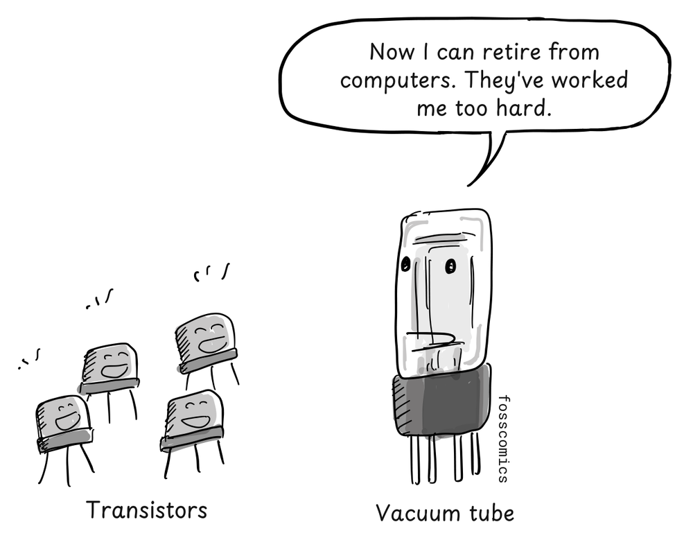 Four small transistors face a much larger, weary-looking vacuum tube.